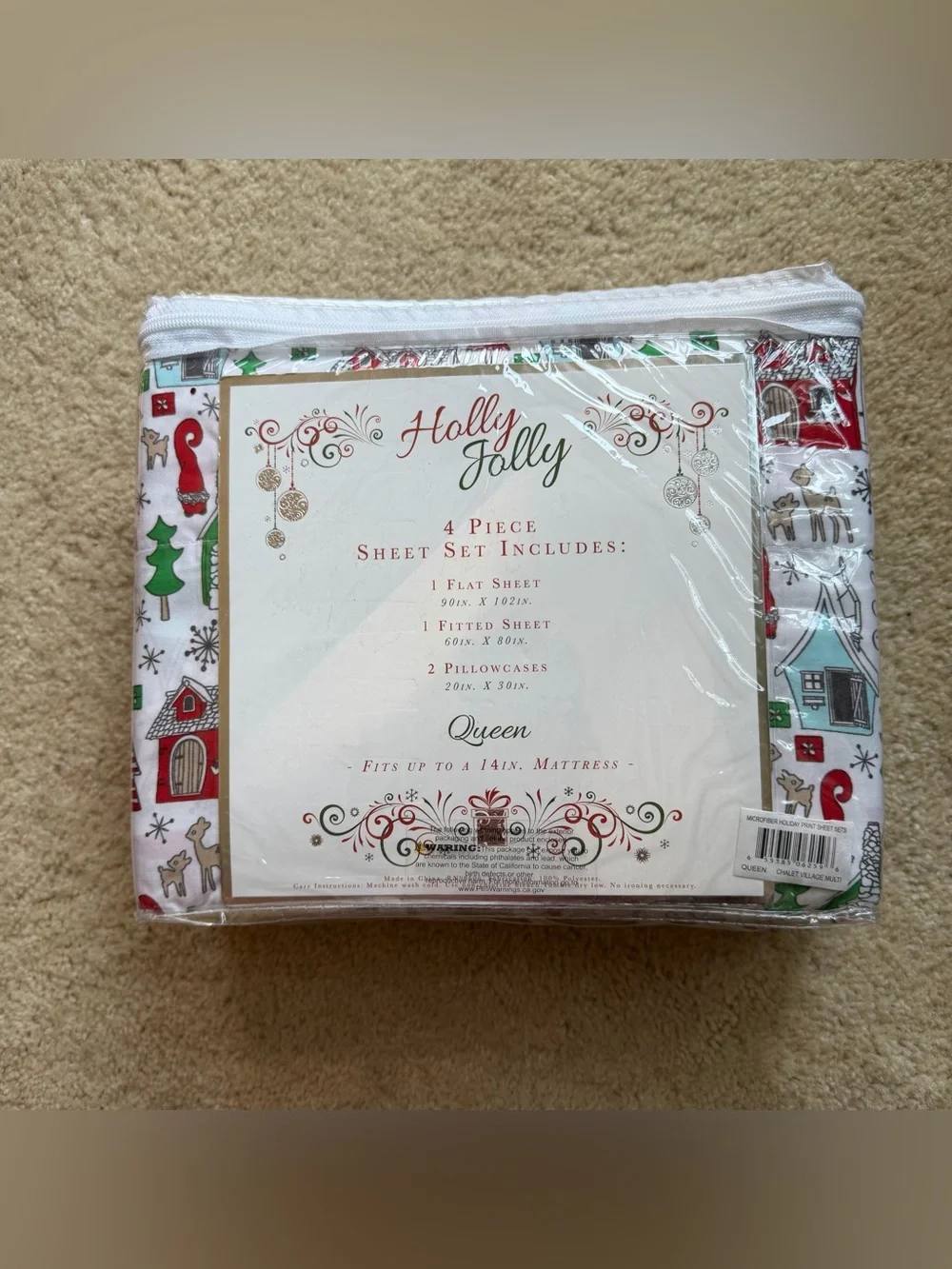 NWT Holly Jolly Christmas Chalet Village Queen Sheet Set - Polyester Microfiber